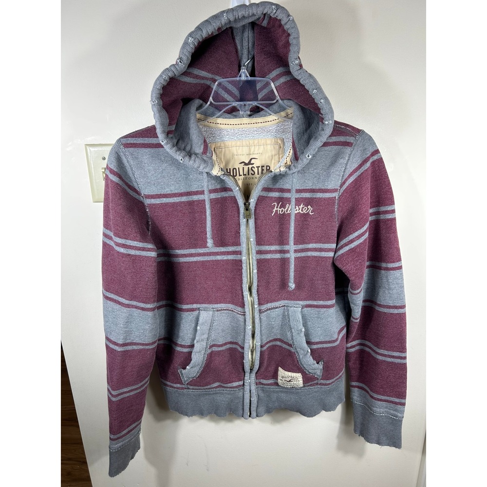 VTG Y2K Hollister Zip Up Hoodie Men M Burgundy Grey Striped Distressed Mallcore